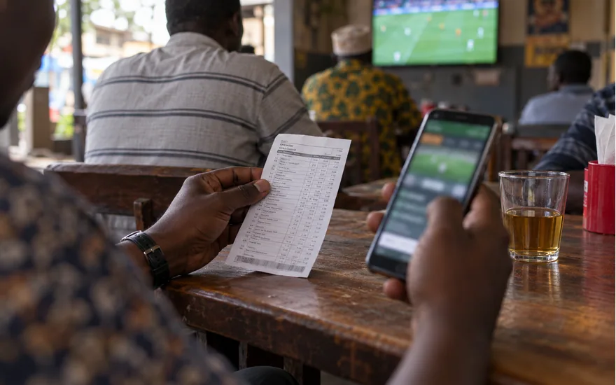 adult Tanzanian hands comparing paper sports betting ticket and blurred official betting website phone, modest sports cafe; understanding how this guide is checked. Illustrative generated scene.