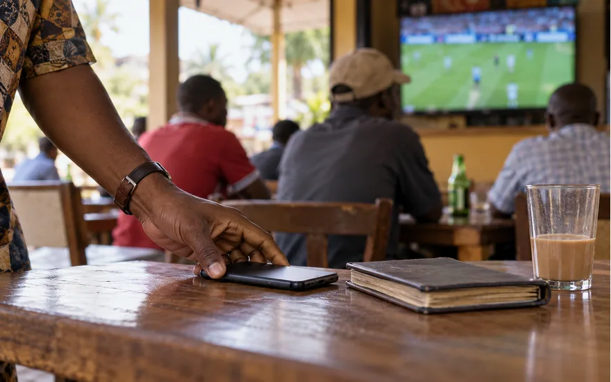 Adult Tanzanian hands putting an anonymous betting phone face down next to a closed paper betting notebook in soft daylight at a local sports cafe; how to delete betpawa account. Illustrative generated photograph, not an operator screenshot.