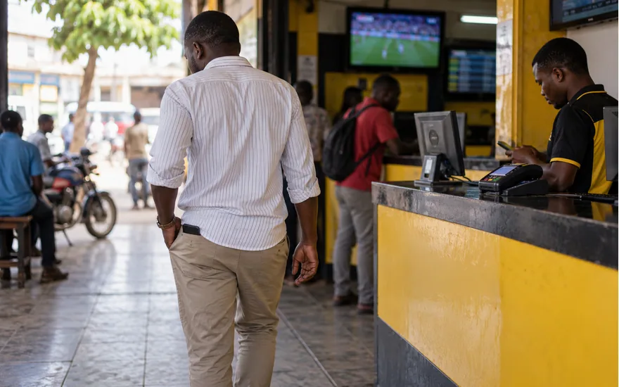 An adult Tanzanian person seen from behind stepping away from a sports betting kiosk counter, phone kept in pocket, calm everyday documentary scene; how to delete betpawa account. Illustrative generated photograph, not an operator screenshot.