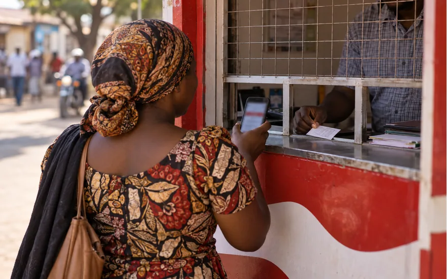 red-and-white unbranded mobile money kiosk in Tanzania, adult woman from behind showing blurred betting deposit phone to agent; using Airtel Money for an account payment. Illustrative generated scene.