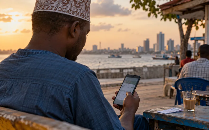adult man holding Android phone with blurred football odds outdoors in Dar es Salaam, candid shoulder view; installing and using the mobile app. Illustrative generated scene.