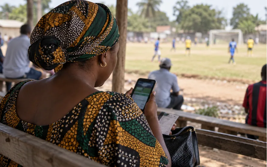 adult woman from behind viewing a blurred betting app on her phone on a shaded bench near a local football pitch; installing and using the mobile app. Illustrative generated scene.