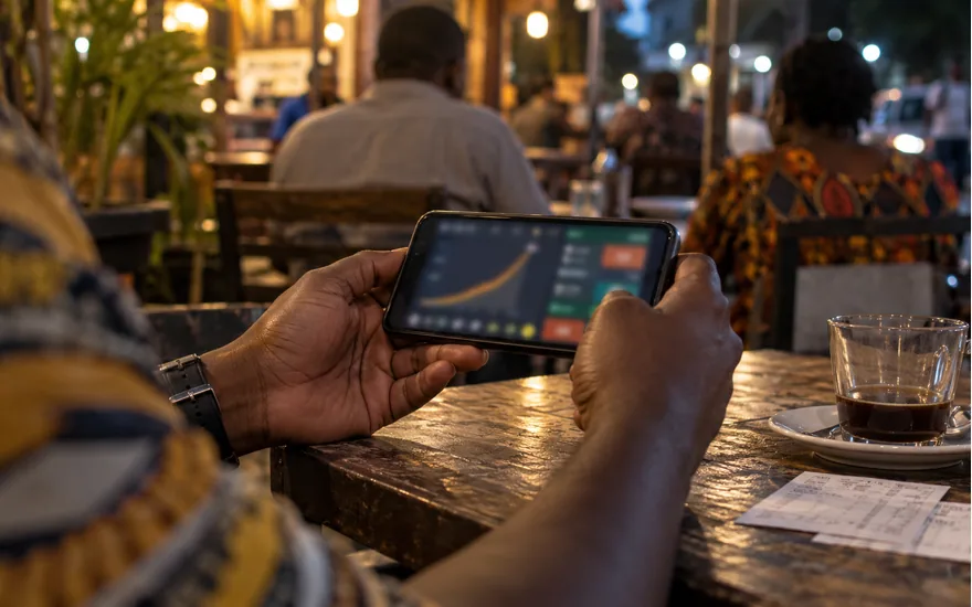 adult Tanzanian hands holding phone displaying anonymous rising curve casino game, blurred symbols, night cafe natural light; understanding an Aviator round. Illustrative generated scene.