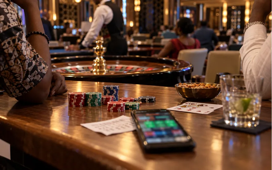 overhead unbranded roulette chips and playing cards beside phone with blurred casino menu, realistic East African casino interior; checking an online casino before joining. Illustrative generated scene.
