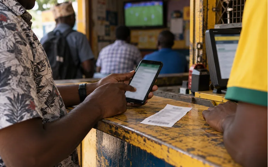 An adult hand pointing at a defocused bet reference on a smartphone beside a paper betting receipt in a Tanzania sports kiosk; how to use bet id in betpawa. Illustrative generated photograph, not an operator screenshot.