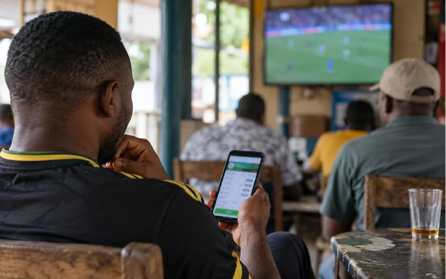 Over shoulder view of an adult Tanzanian sports fan reviewing a blurred open bet slip on a phone while a distant football television is out of focus; how to cash out in betpawa. Illustrative generated photograph, not an operator screenshot.