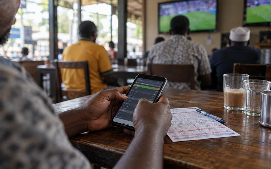 Adult hands holding a phone with two anonymous offer panels beside a betting coupon in a quiet Tanzanian sports cafe; how to cash out in betpawa. Illustrative generated photograph, not an operator screenshot.