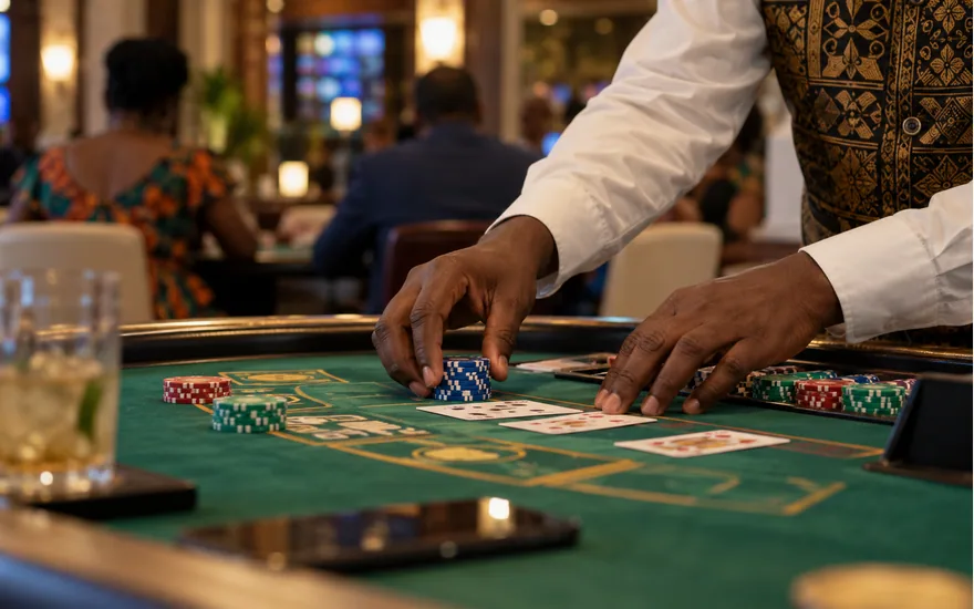 close of adult dark-skinned dealer hands arranging unbranded chips and cards on green casino felt, Tanzania casino interior out of focus; checking a casino game before a stake. Illustrative generated scene.
