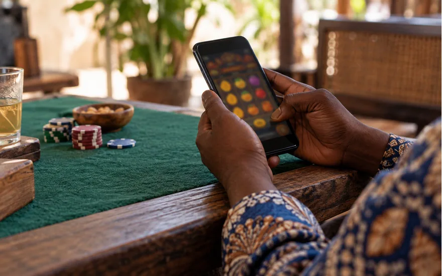 adult Tanzanian hands holding phone with blurred casino reel symbols, green felt and a few chips on side table; checking a casino game before a stake. Illustrative generated scene.