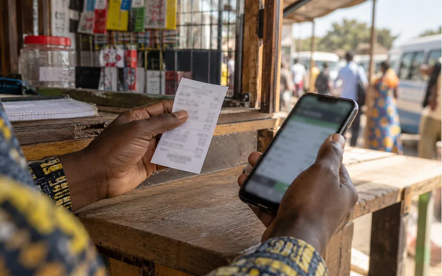 two adult hands comparing mobile money transaction receipt and blurred betting phone, local kiosk counter daylight; getting an account or payment problem investigated. Illustrative generated scene.