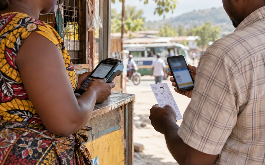 Tanzanian mobile money agent holding terminal while adult customer checks blurred betting withdrawal on phone, daylight; reducing avoidable withdrawal delays. Illustrative generated scene.