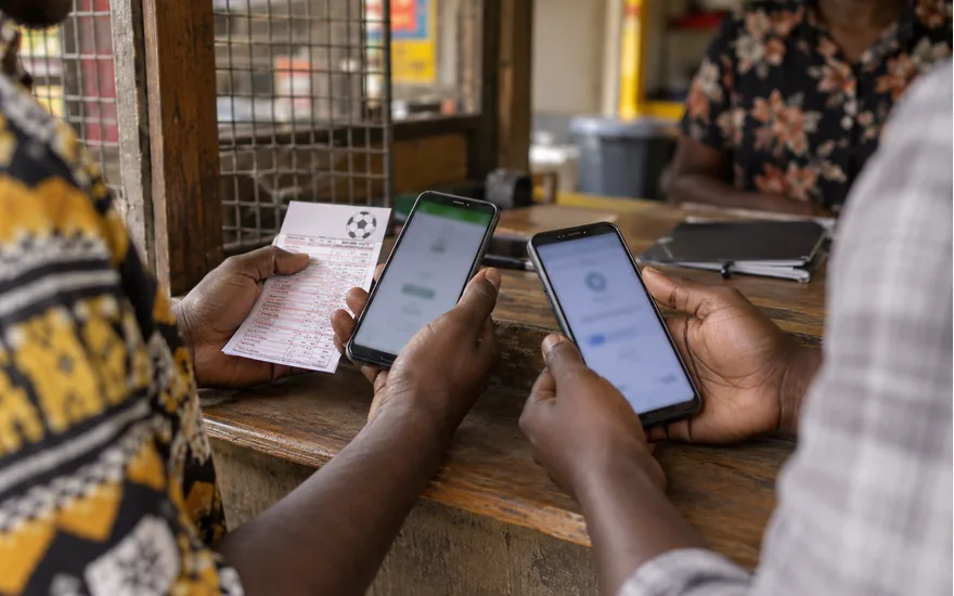 adult Tanzanian hands reviewing two phones with anonymous blurred withdrawal and wallet transaction confirmations at agent counter; reducing avoidable withdrawal delays. Illustrative generated scene.