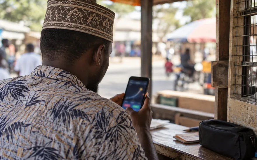 adult Tanzanian phone user from behind viewing abstract rocket multiplier game on blurred phone, shaded street kiosk; checking a JetX round. Illustrative generated scene.