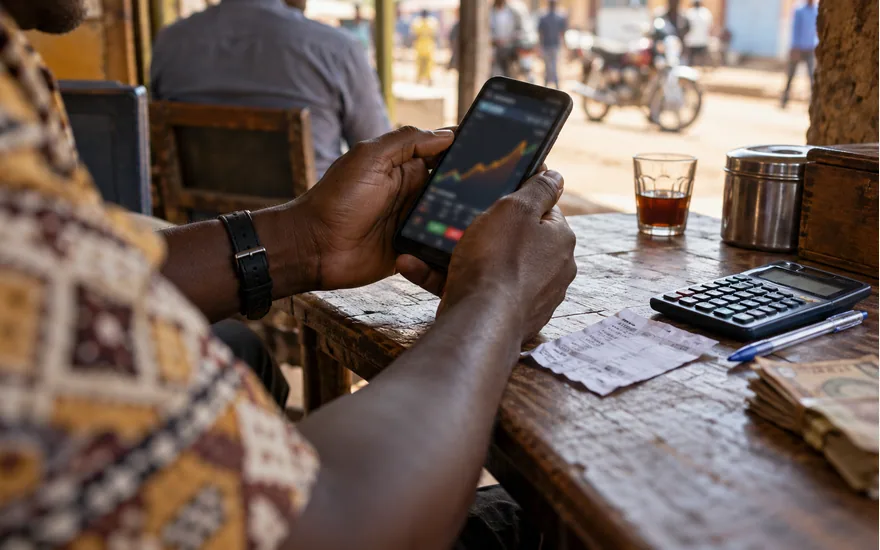 close dark-skinned hands on smartphone displaying blurred arcade crash chart, calculator and betting slip nearby; checking a JetX round. Illustrative generated scene.