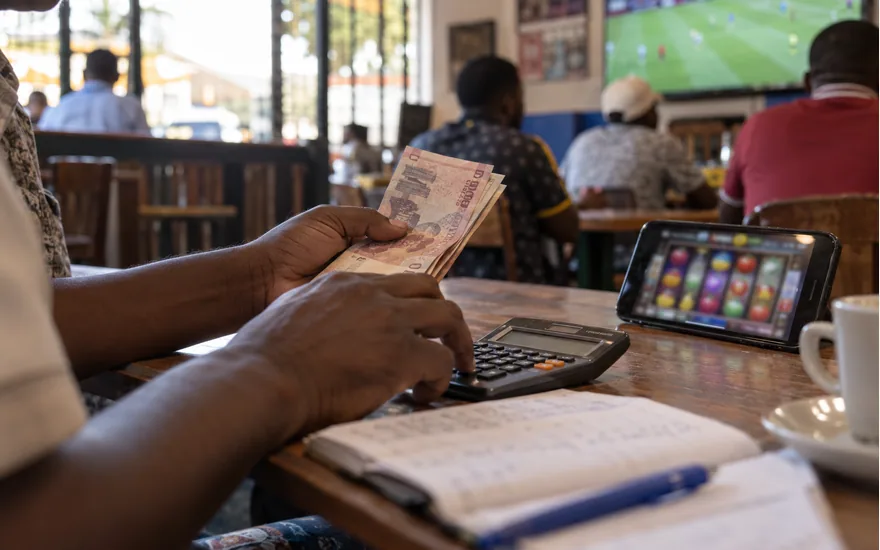 Adult hands with a modest stack of indistinct Tanzanian banknotes, a calculator and phone showing blurred casino reels at a local sports cafe; low deposit casino tanzania. Illustrative generated photograph, not an operator screenshot.
