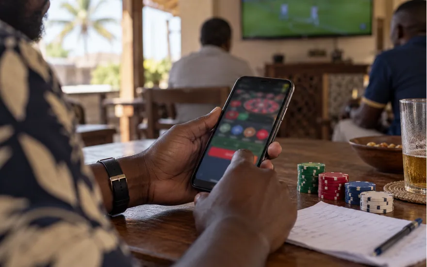Close view of a phone showing defocused casino stake controls beside a small paper budget and plain unbranded casino chips in a Tanzanian lounge; low deposit casino tanzania. Illustrative generated photograph, not an operator screenshot.