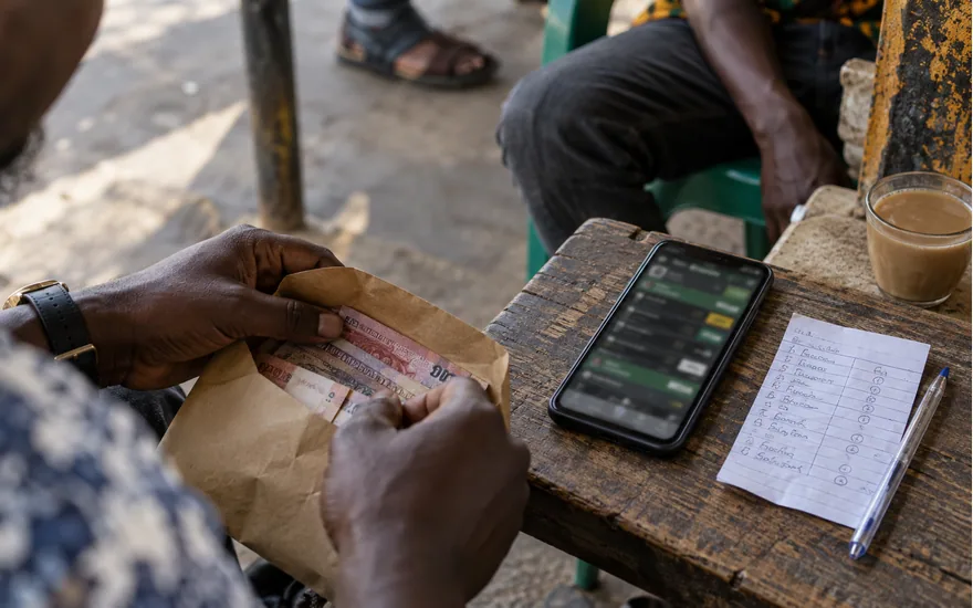 overhead cash budgeting envelope beside phone showing blurred betting cashier and handwritten unreadable sports slip, Dar es Salaam; checking the smallest permitted cashier payment. Illustrative generated scene.