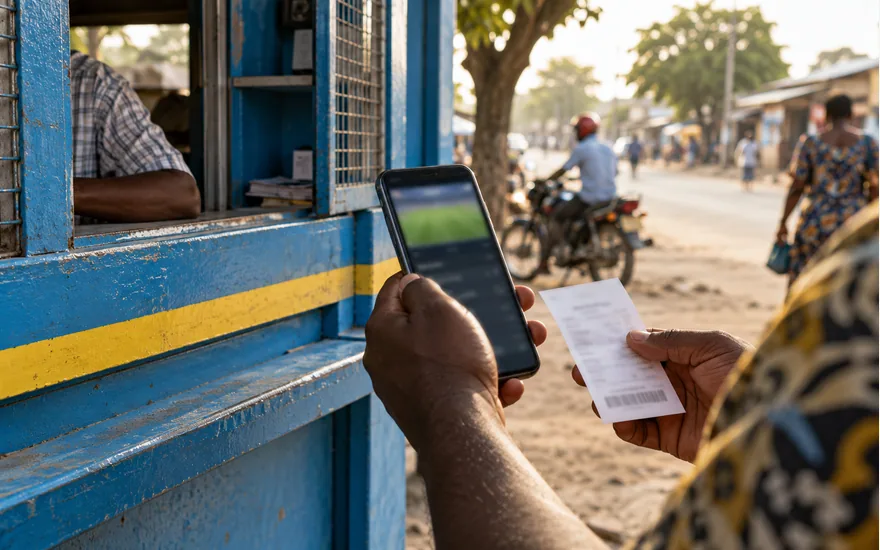 blue and yellow unbranded Tanzanian mobile money kiosk, adult hands holding blurred betting payment phone; using the Mixx by Yas payment route. Illustrative generated scene.
