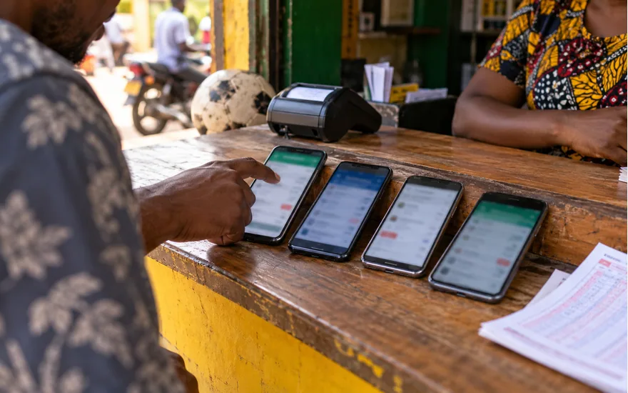 Four different anonymous phones with blurred mobile wallet screens arranged naturally on a Tanzanian payment agent counter, adult hand comparing routes; mobile money casino tanzania. Illustrative generated photograph, not an operator screenshot.