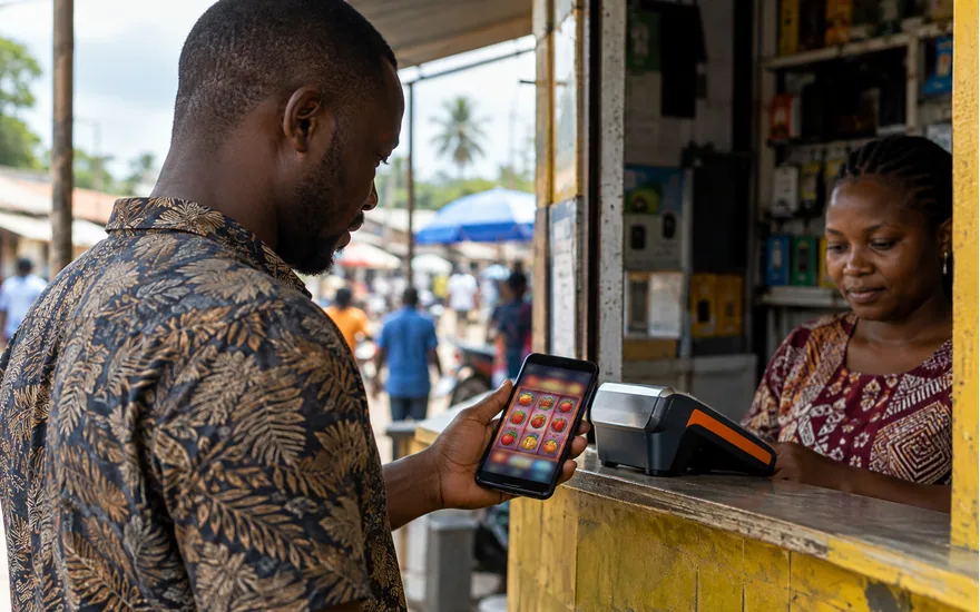 Adult Tanzanian customer holding a phone displaying abstract blurred casino reels next to a payment agent terminal, documentary daylight; mobile money casino tanzania. Illustrative generated photograph, not an operator screenshot.