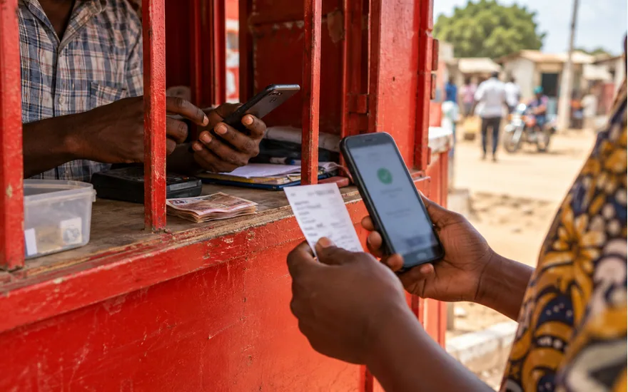 Vodacom-style red-painted but unbranded Tanzanian mobile money agent booth, adult hands, phone with blurred betting payment confirmation; using the Vodacom M-Pesa payment route. Illustrative generated scene.