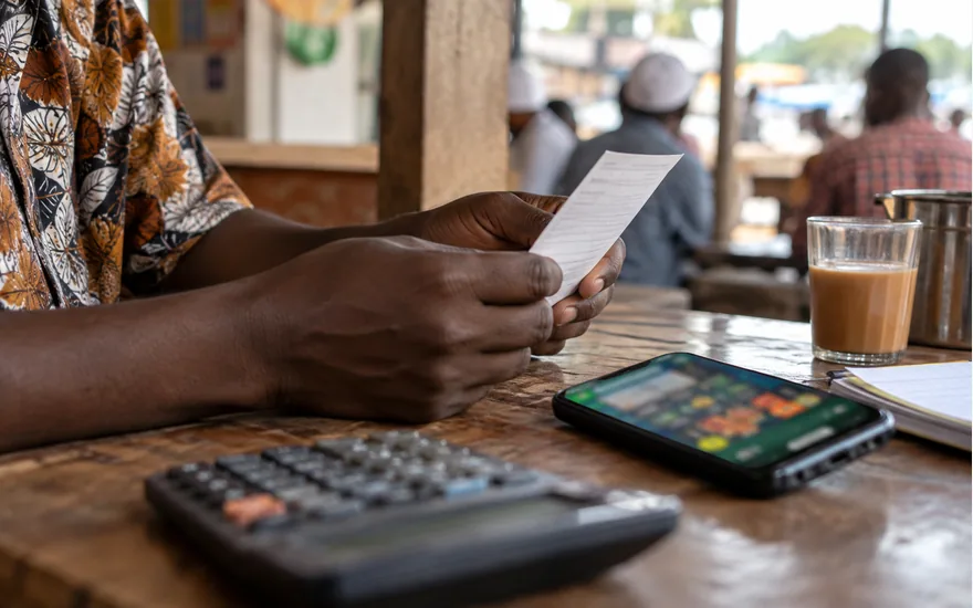 adult Tanzanian hands reading anonymous paper terms beside phone with blurred casino promotion, calculator foreground; verifying a no-deposit claim. Illustrative generated scene.