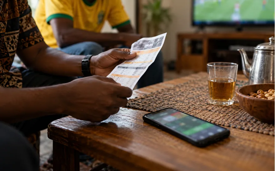 adult hands reviewing a folded betting promotion coupon beside phone with blurred bonus screen, local Tanzanian interior; verifying a promotion code. Illustrative generated scene.
