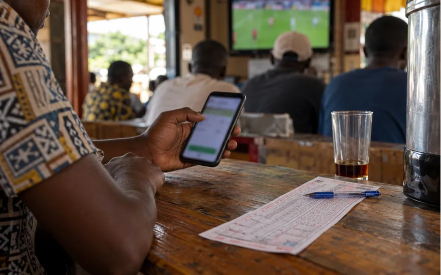 close side view of smartphone showing anonymous blurred promotion form and paper sports betting coupon under pen, Tanzanian sports cafe; verifying a promotion code. Illustrative generated scene.
