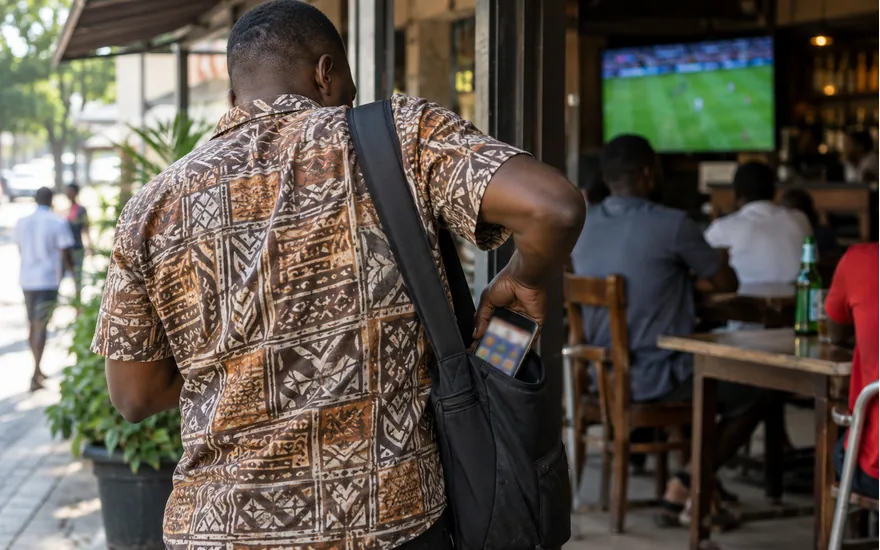 adult Tanzanian person from behind putting smartphone with blurred casino screen away in bag leaving a sports bar, natural daytime; protecting money and taking a break. Illustrative generated scene.