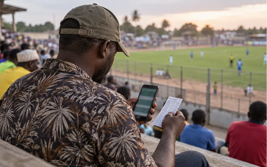 adult Tanzanian person from behind checking football bet slip on phone near an unbranded local stadium stand; deciding what this review actually proves. Illustrative generated scene.