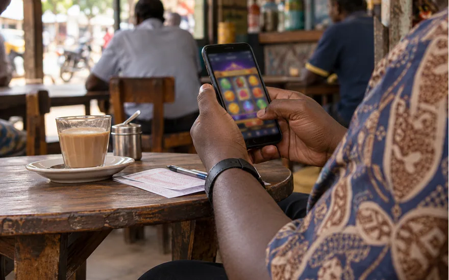 adult Tanzanian hands on phone with blurred colourful slot reels, small cafe table, no winning celebration; understanding a slot before spinning. Illustrative generated scene.