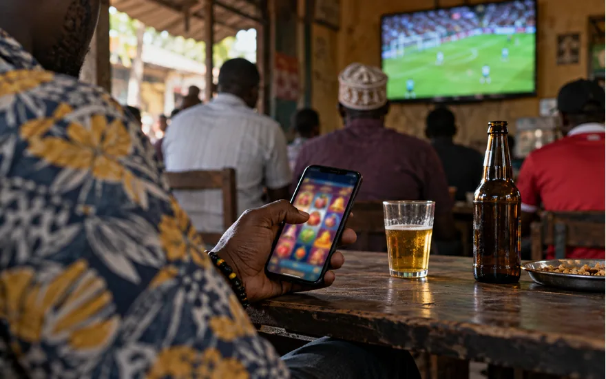 close smartphone with abstract unreadable slot symbols held by adult dark-skinned hand, distant football TV in Tanzanian bar; understanding a slot before spinning. Illustrative generated scene.
