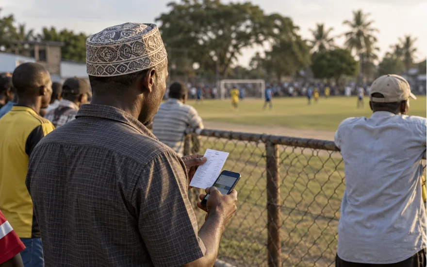 adult Tanzanian spectator holding betting ticket with unreadable writing by local football ground fence; reading and placing a sports coupon. Illustrative generated scene.