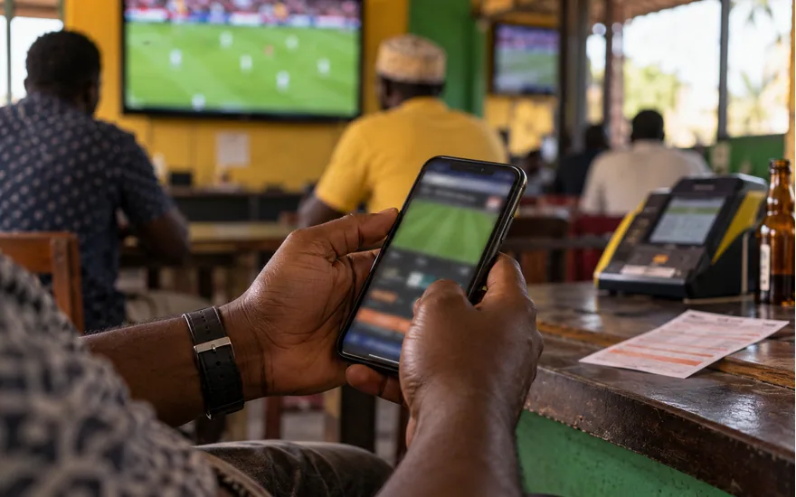 Close view of adult hands holding a smartphone showing defocused simulated football pitch graphics in a Tanzanian sports lounge, no real team logos; betpawa virtual. Illustrative generated photograph, not an operator screenshot.