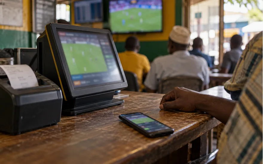 A compact anonymous virtual sports terminal with green pitch imagery and an adult hand resting away from the controls in a modest Tanzanian betting shop; betpawa virtual. Illustrative generated photograph, not an operator screenshot.