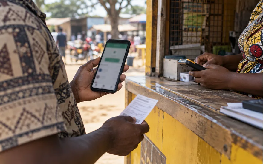 adult Tanzanian customer holding phone with blurred withdrawal request while mobile money agent checks terminal, no visible faces; withdrawing to your own mobile wallet. Illustrative generated scene.